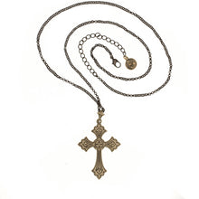 Load image into Gallery viewer, Agape - St. Thaddeus cross Necklace. Burnt brass with Swarovski crystal in Olivine color. Adjustable Length 24&quot; to 27&quot; The Back Side is Finished With Fine Etching.
