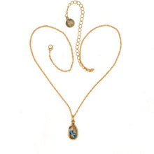 Load image into Gallery viewer, Imperial Treasures - Blue Bird Small Egg Necklace in Gold Plate and Hand Painted Enamel. Inspired by The Armenian Miniature Paintings. Adjustable Length 18&quot; to 22&quot;.
