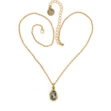 Load image into Gallery viewer, Imperial Treasures - Farfalla Small Egg Necklace in Gold Plate and Blue Butterfly Designs. Adjustable Length 18&quot; to 21&quot; 
