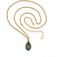 Load image into Gallery viewer, Imperial Treasures - Astrid Egg Long Necklace in Gold Plate and Translucent Enamel in Emerald Color.  Adjustable Length 30&quot; to 33&quot;.
