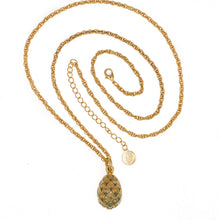 Load image into Gallery viewer, Imperial Treasures - Pine Cone Egg Long Necklace in Gold Plate and Enamel in Emerald and Translucent . Adjustable Length 30&quot; to 33&quot;.
