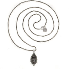 Load image into Gallery viewer, Imperial Treasures - Royal Egg Long Necklace in Oxidized Silver and Bohemian Chrystals in Greige Color. Length 34&quot;.
