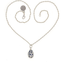 Load image into Gallery viewer,  Imperial Treasures - Celebration Small Egg Necklace in Mat Silver Plate and Navy Blue Enamel Ornamentation. Length 18&quot;.
