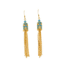Load image into Gallery viewer, Cilicia - Tassel Earrings in Gold Plate and Turquoise Enamel. Length 2.5&quot;.
