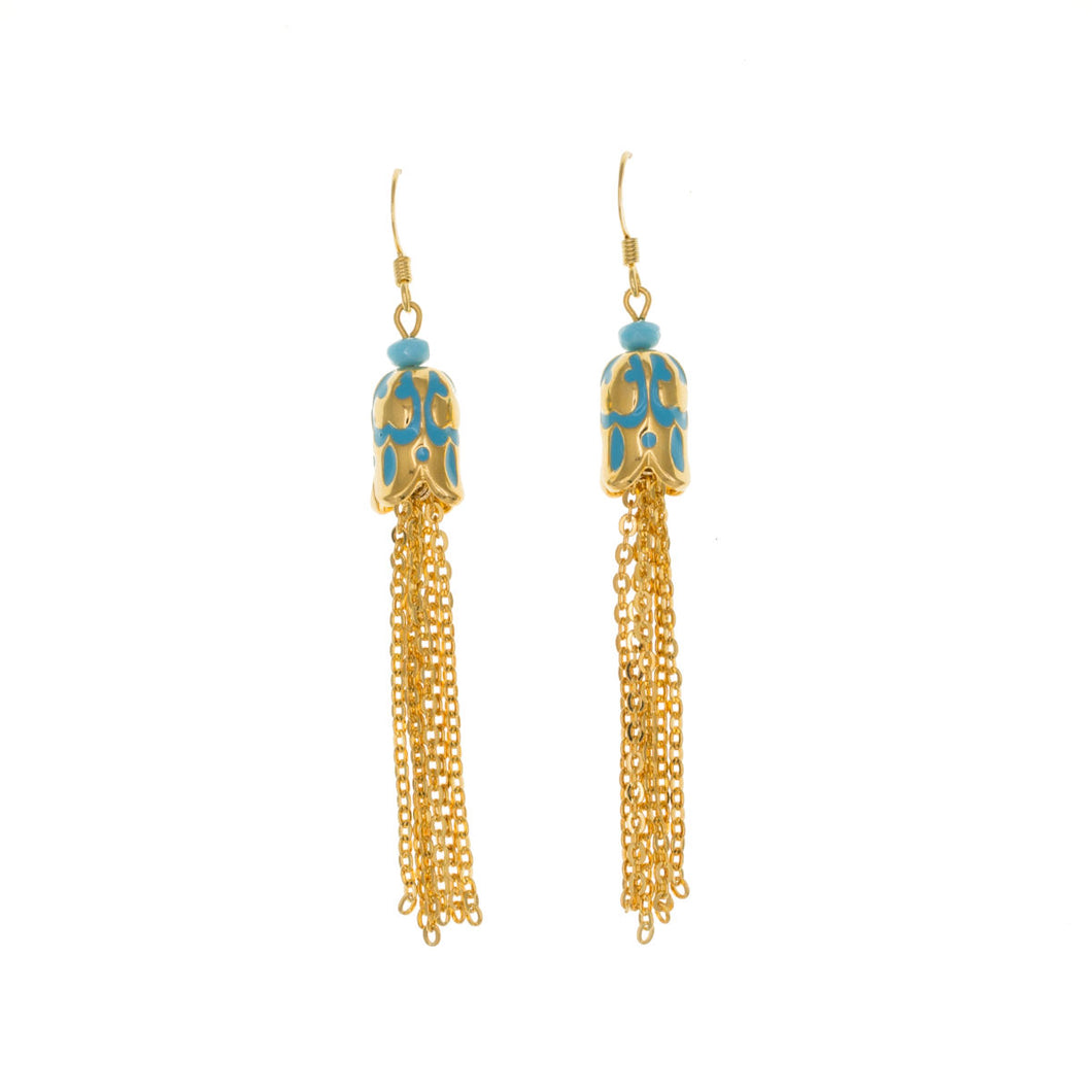 Cilicia - Tassel Earrings in Gold Plate and Turquoise Enamel. Length 2.5