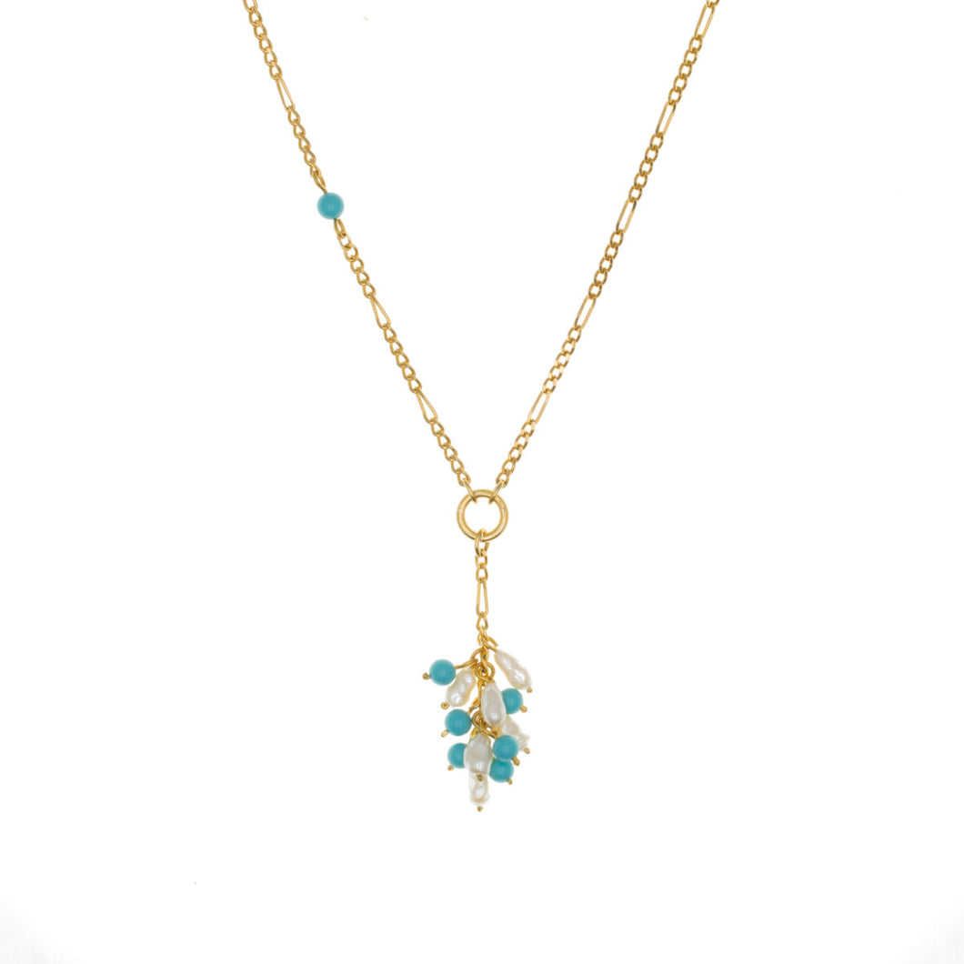 Delilah - Y Shape Necklace in gold plate and  cluster of turquoise and pearl beads.