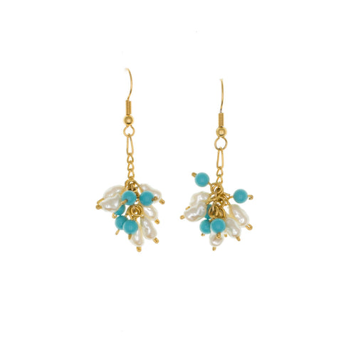 Delilah - French Wire Drop Earrings  in gold plate and cluster of turquoise and pearl beads