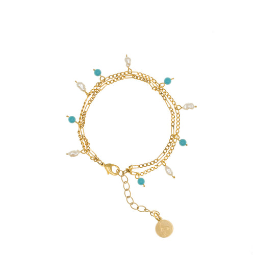 Delilah - Double Row Bracelet  in gold and turquoise and pearl small drops.