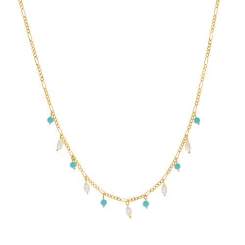 Delilah - Short Necklace in gold plate and turquoise and pearl small drops.