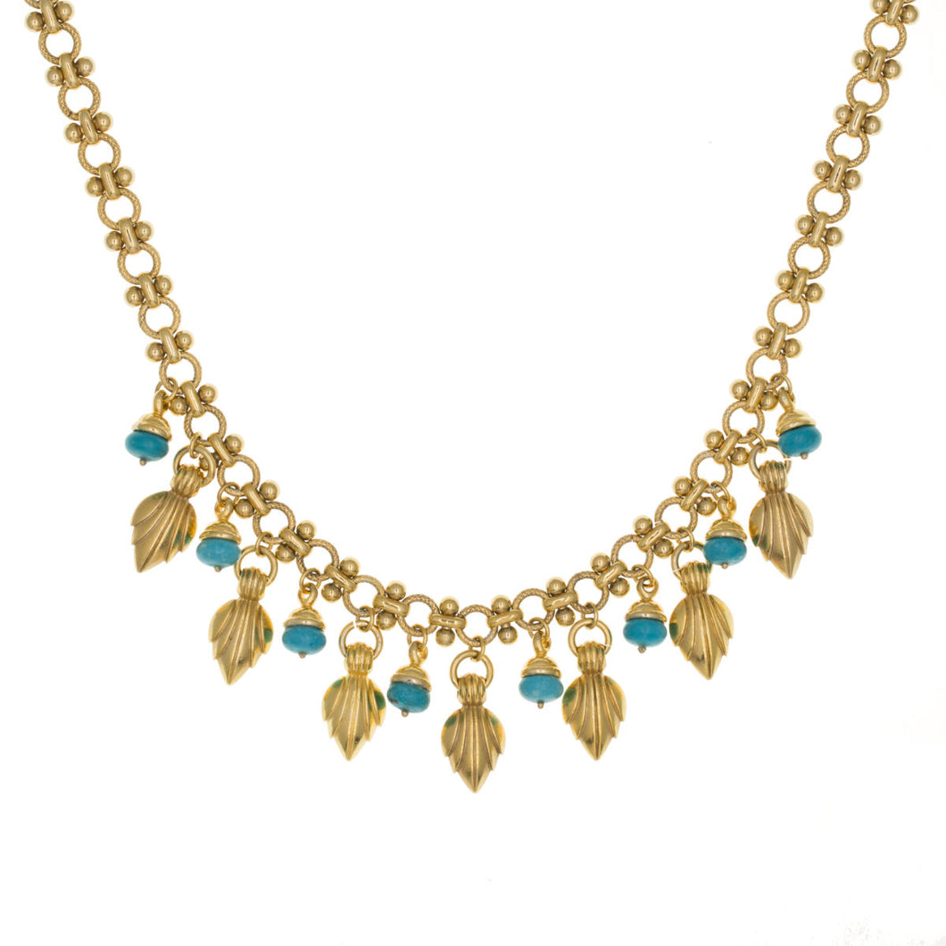 Urartu - Turquoise Multi Drop Statement Short Necklace in 24K Gold Plate and Natural Composite Turquoise. Length 16.5