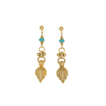 Load image into Gallery viewer, Urartu - Long Drop Post Earrings in Gold Plate and Natural Composite Turquoise.
