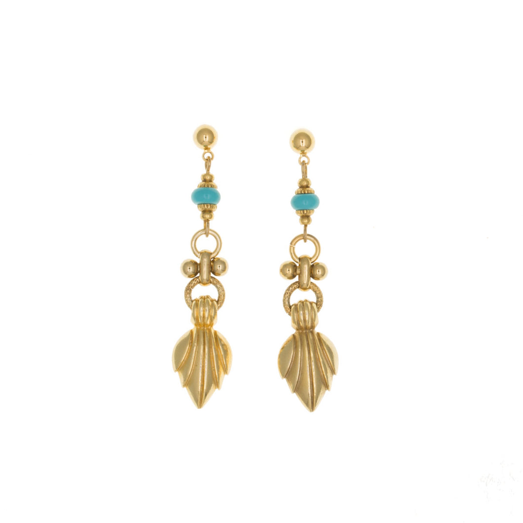 Urartu - Long Drop Post Earrings in Gold Plate and Natural Composite Turquoise.
