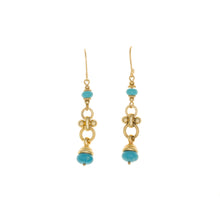 Load image into Gallery viewer, Urartu - Long Drop Lever Back Earrings  in Gold Plate and Natural Composite Turquoise

