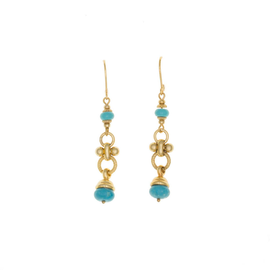 Urartu - Long Drop Lever Back Earrings  in Gold Plate and Natural Composite Turquoise