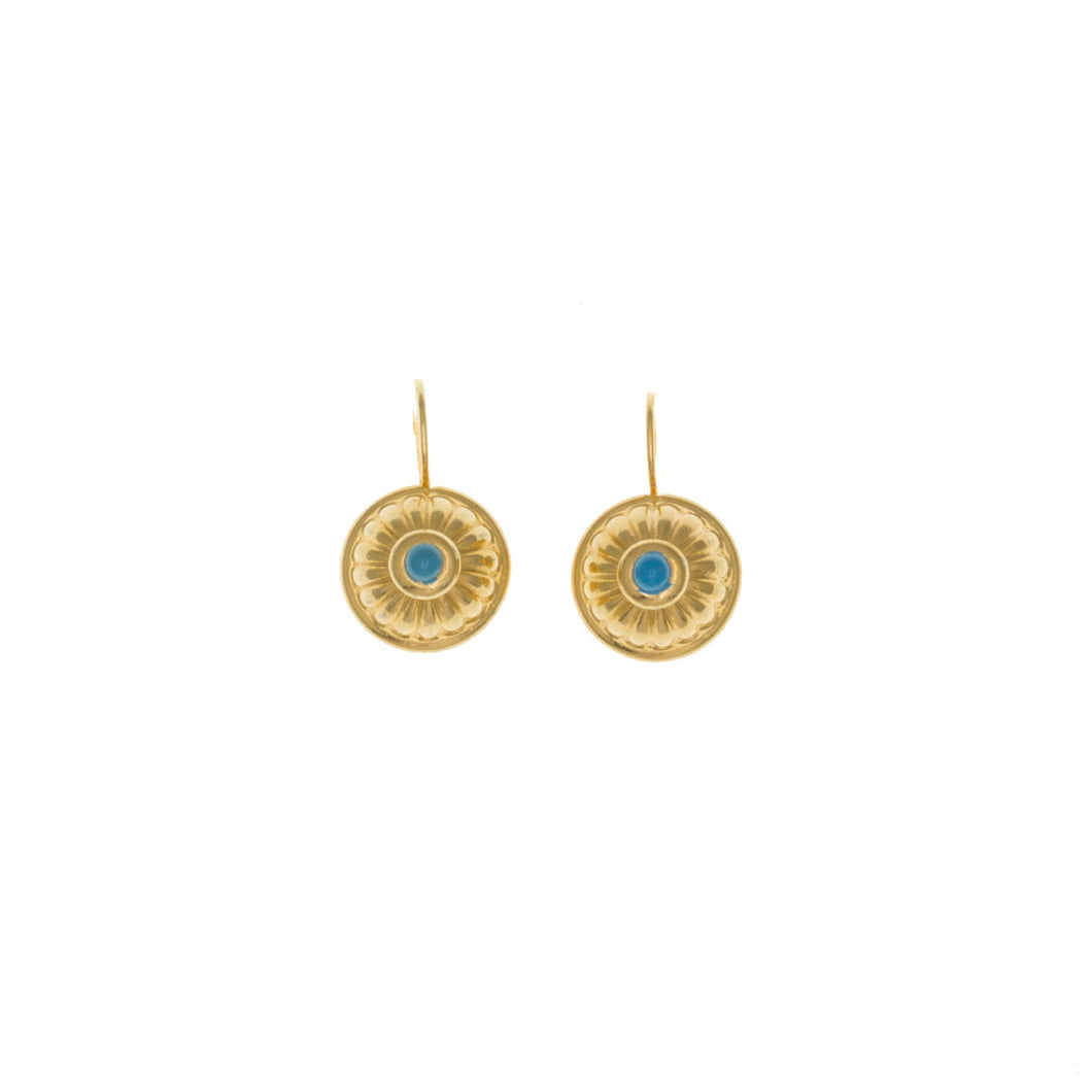 Urartu - Talisman Drop Lever Back Earrings  in Gold Plate and Turquoise Enamel.