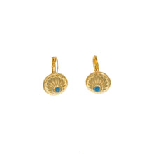 Load image into Gallery viewer, Urartu - Talisman Drop Lever Back Earrings in Gold Plate and Turquoise Enamel.
