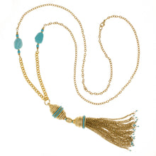 Load image into Gallery viewer, Urartu - Long Tassel Necklace in Gold Plate and Natural Composite Turquoise. Length 36&quot;.
