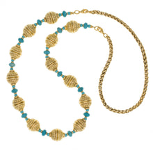 Load image into Gallery viewer, Urartu - Gold and Turquoise Talisman Bead Convertible Necklace 18: to 30&quot;. Gold Plate with Natural Composite Turquoise. Made in USA

