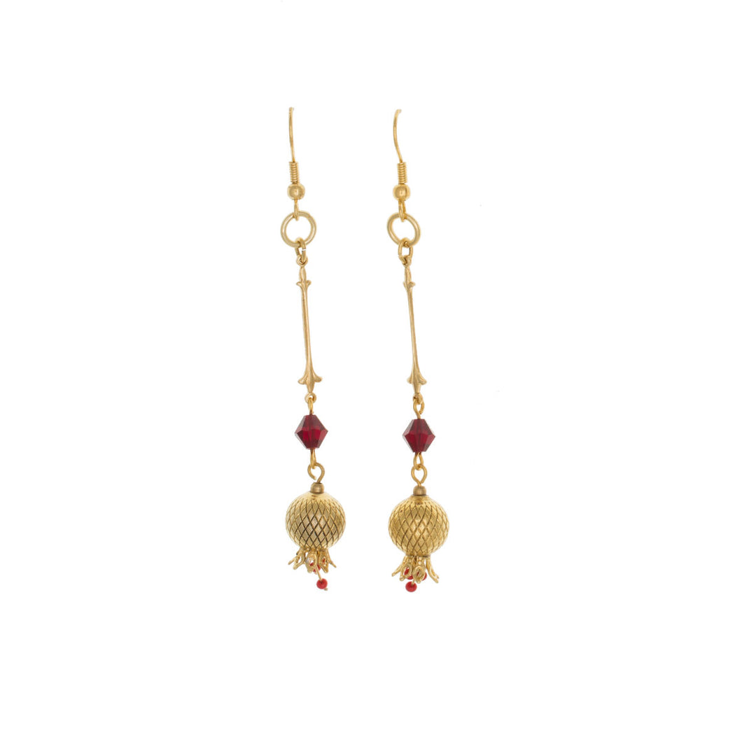 Golden Pomegranates - French Wire  Long Drop  Earrings, 24K Gold Plate