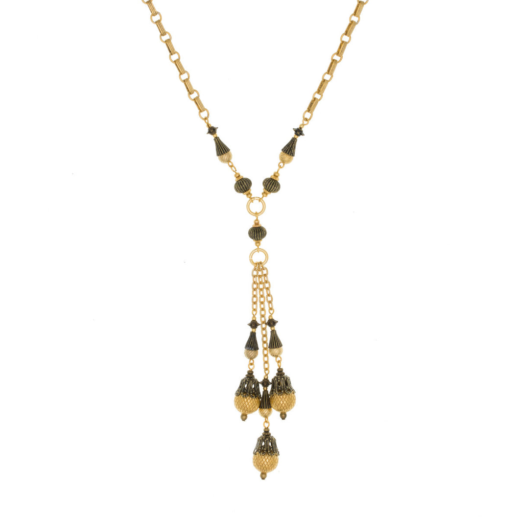 Tamar - Two Tone Multi Drop Y Drop Necklace in Antique Gold and Burnished Brass
