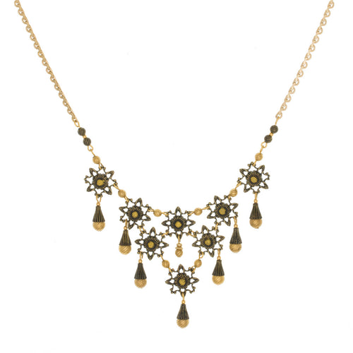 Tamar - Two Tone Floral Multi Drop Collar Necklace with Drops in Antique Gold and Burnished Bronze