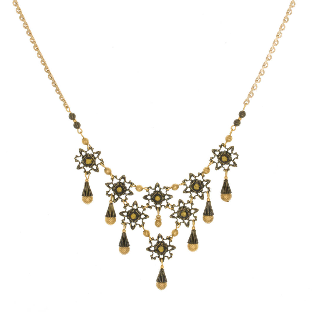 Tamar - Two Tone Floral Multi Drop Collar Necklace with Drops in Antique Gold and Burnished Bronze