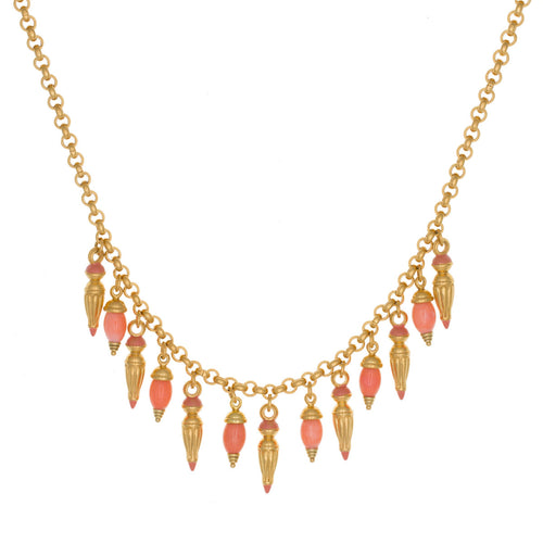 Urartu - Muti Drop Short Necklace in 24K Gold Plate and Natural Corals in Salmon Pink