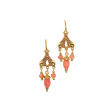 Load image into Gallery viewer, Urartu - Pink Natural Coral Chandelier Earrings with Hoop Tops. Gold Plate with Natural Pink Coral. Made in the USA.
