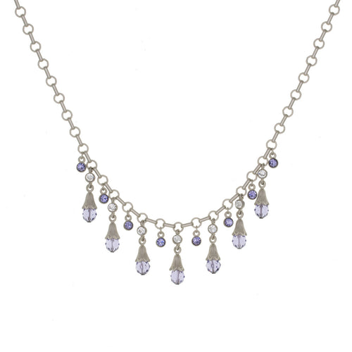 Everlasting Love - Multi Drop Short Necklace in mat platinum finish and Bohemian crystals in diamond and tanzanite colors.