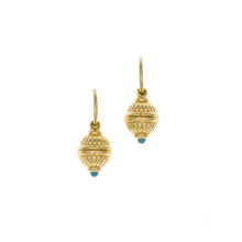 Load image into Gallery viewer, Urartu - Gold and Turquoise Talisman Bead Hoop Drop Earrings in Gold Plate and Turquoise Enamel. Made in the USA

