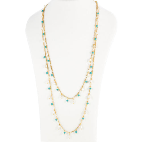 Delilah - Double Row Long Necklace  in gold plate with turquoise and pearls bead drops. Length 44
