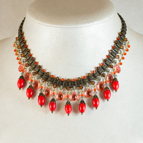 All That Jazz - Art Deco Multi Drop Short Necklace With Red Natural Coral Beads and Swarovski Padparadscha  Briolettes