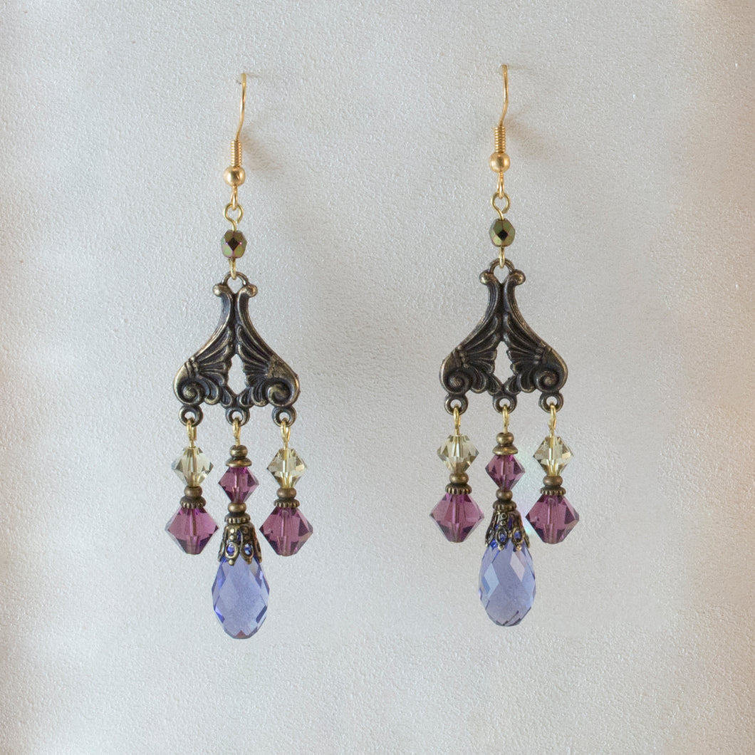 All That Jazz - Art Deco Swarovski Crystal Multi Drop Chandelier Earrings in Tanzanite and Amethyst