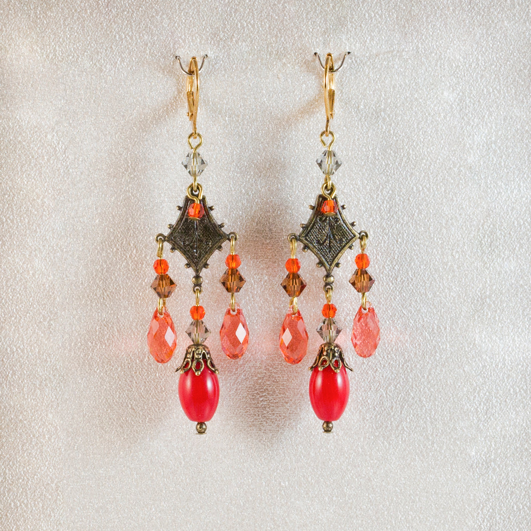 All That Jazz - Art Deco Multi Drop Earrings in Red Shades