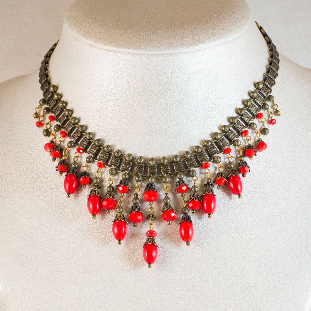 All That Jazz - Art Deco Multi Drop Collar Necklace in Natural Coral and Crystals in Red
