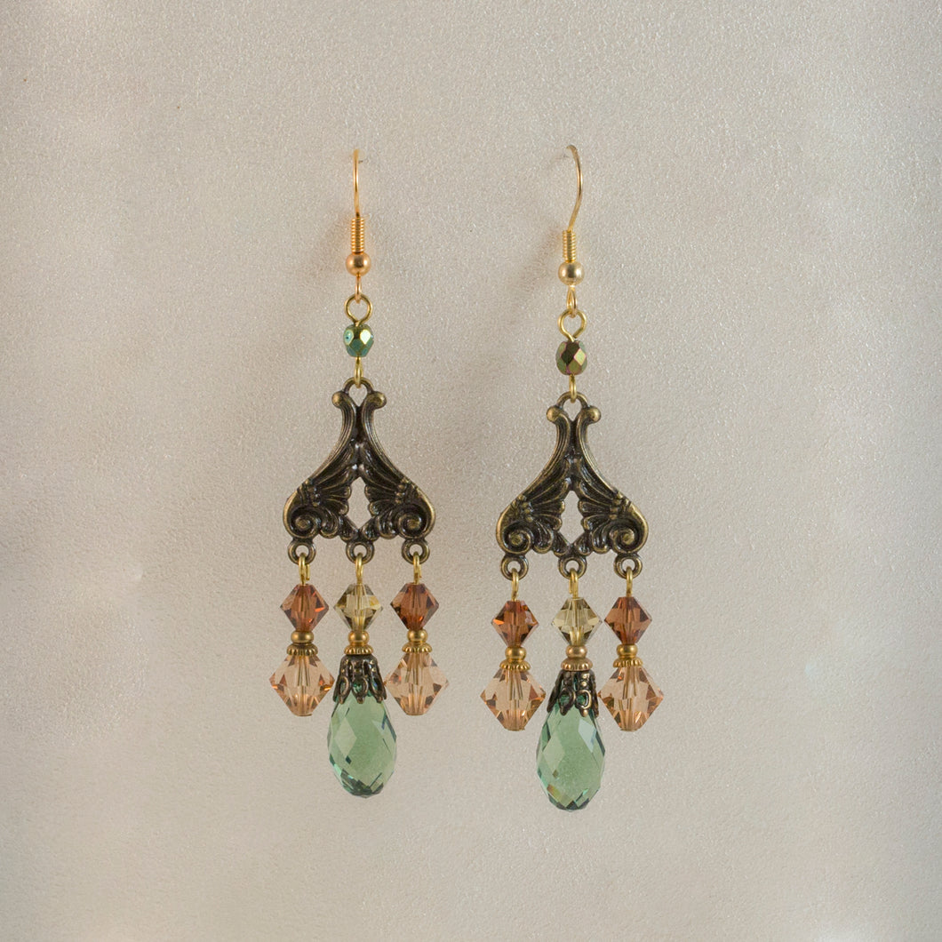 All That Jazz - Art Deco Crystal Chandelier Earrings in Erinite, Champagne and Topaz