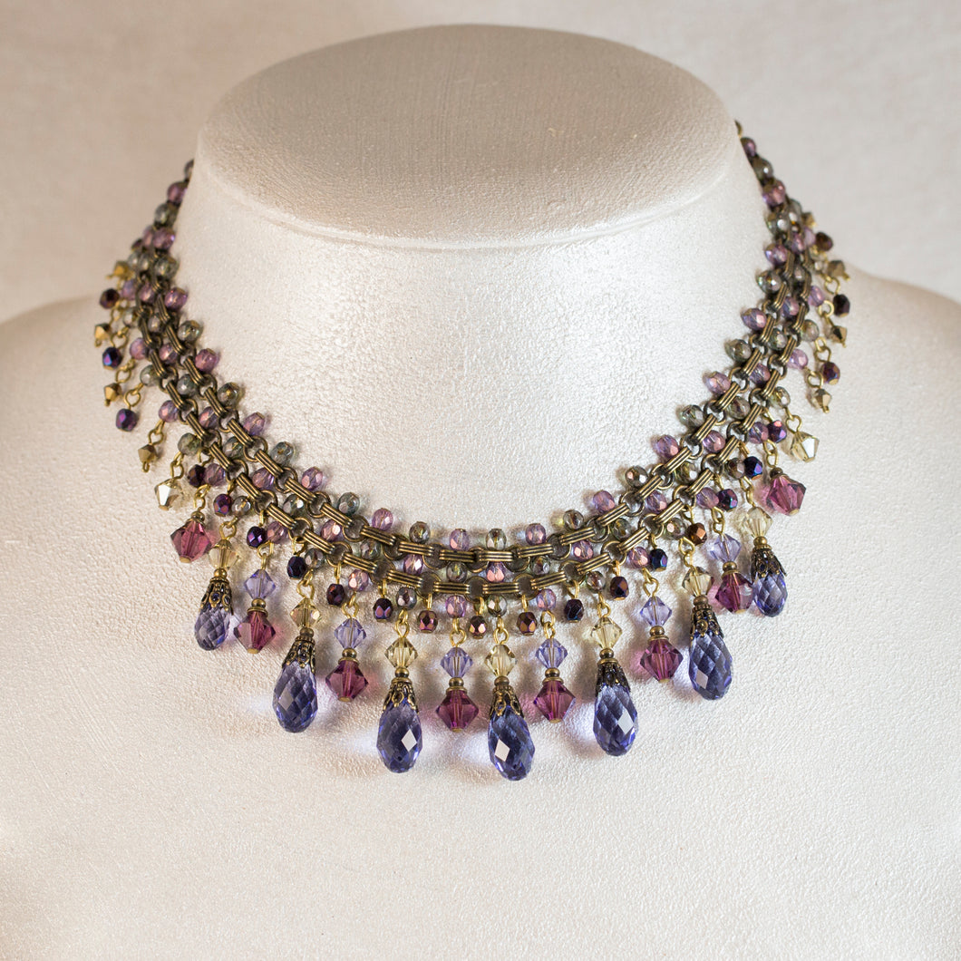 All That Jazz - Crystal Multi Drop Collar Necklace in Tanzanite, Amethyst, Champagne and Olivine