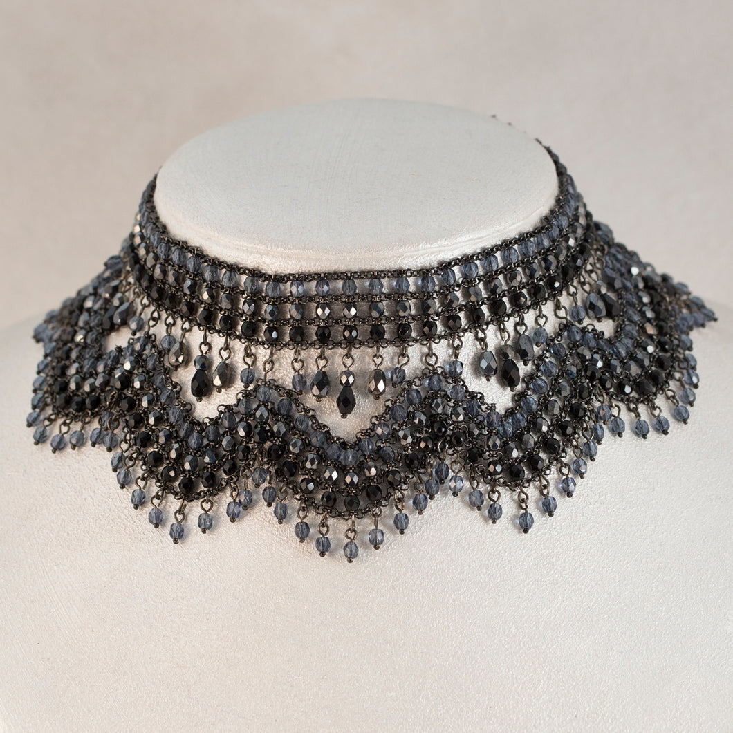 All That Jazz - Beaded Statement Choker Necklace in Gray Charcoal