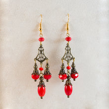 Load image into Gallery viewer, All That Jazz - Art Deco Chandelier Earrings in Red Natural Coral and  Crystals
