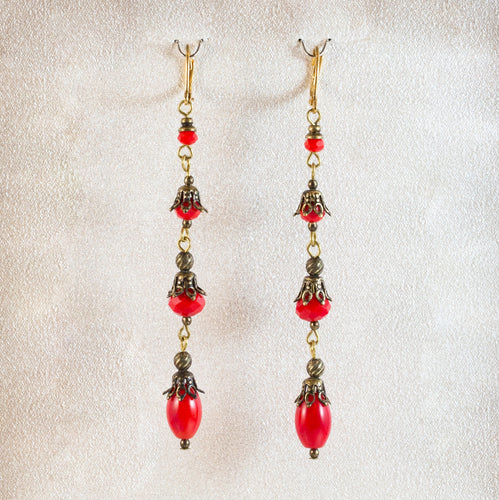 All That Jazz - Linear  Drop Lever Back Earrings in Red Natural Coral and Crystals
