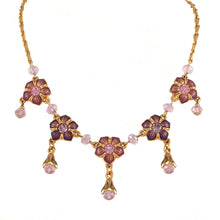 Load image into Gallery viewer, Primavera - Collar Multi Drop Necklace in Gold Plate and Enamel in Mauve and Aubergine Accented With Bohemian Crystals and Beads in Light Rose.
