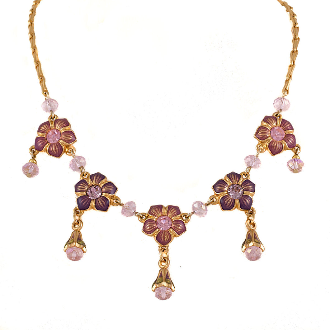 Primavera - Collar Multi Drop Necklace in Gold Plate and Enamel in Mauve and Aubergine Accented With Bohemian Crystals and Beads in Light Rose.